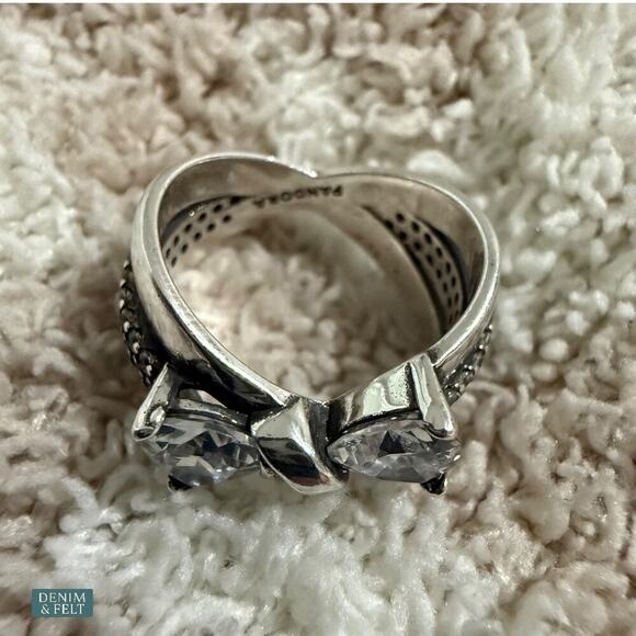 Pandora Sparkling Bow Crossover Ring Sterling Silver Cubic Zirconia Sz 5 - Picture 7 of 16